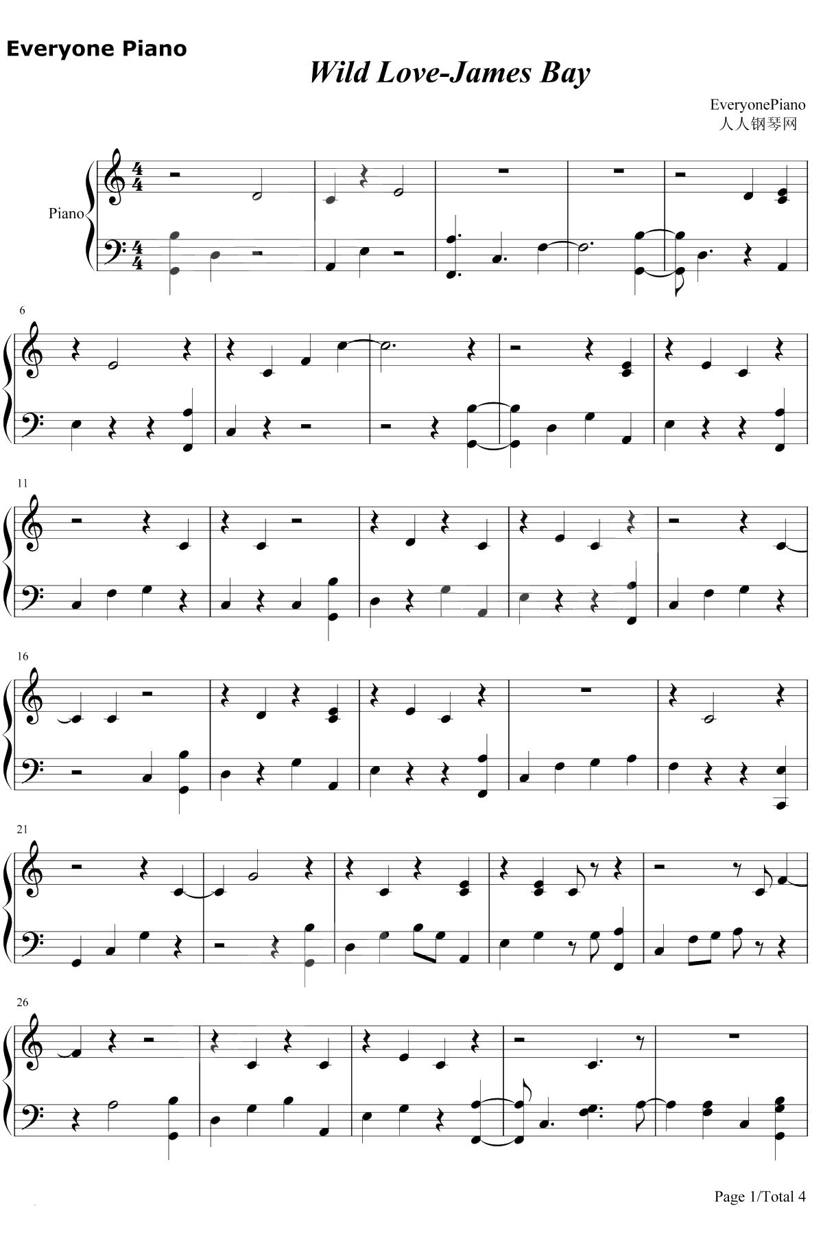 Wild Love钢琴谱-James Bay1