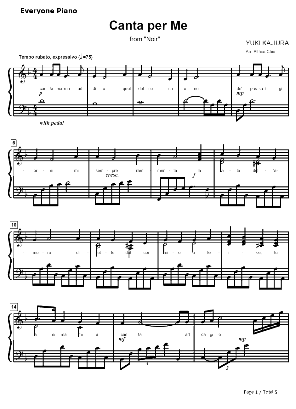 Canta per me钢琴谱-梶浦由记-黑街二人组OST1