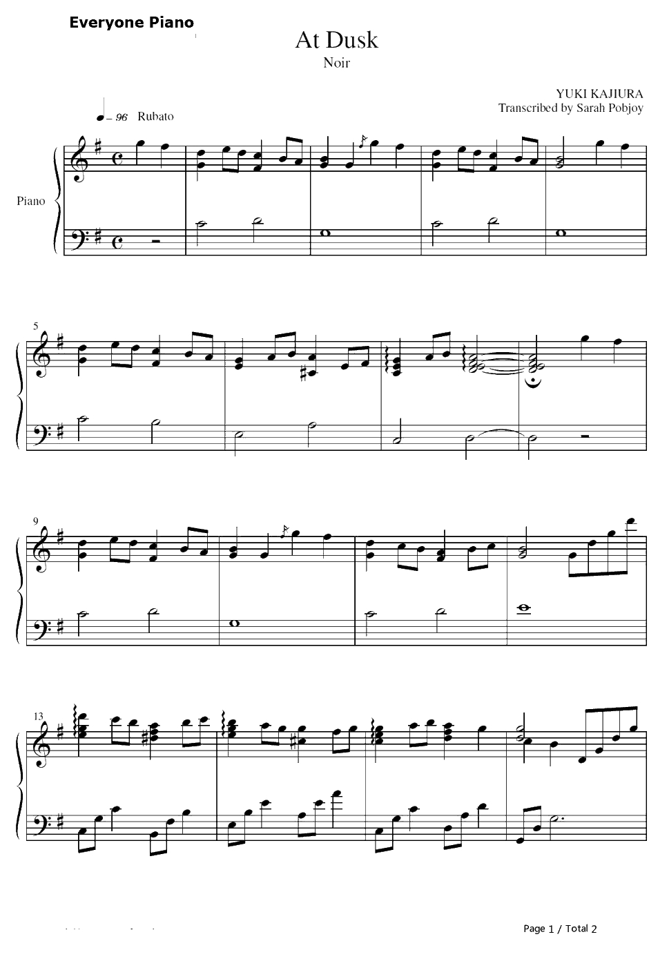 At Dusk钢琴谱-梶浦由记-黑街二人组OST1