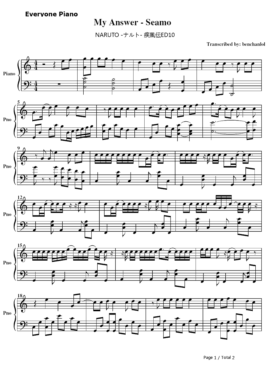 My ANSWER钢琴谱-SEAMO-火影忍者疾风传ED101