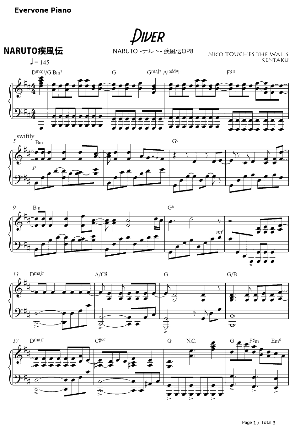 Diver钢琴谱-NICOTouchestheWalls-火影忍者疾风传OP81