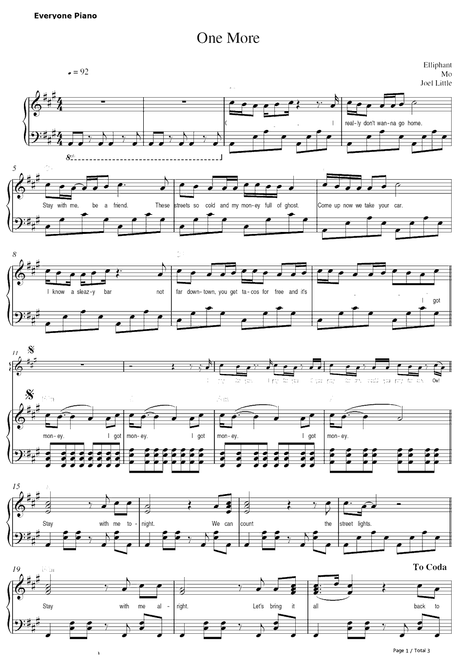 One More钢琴谱-Elliphantft.MO1
