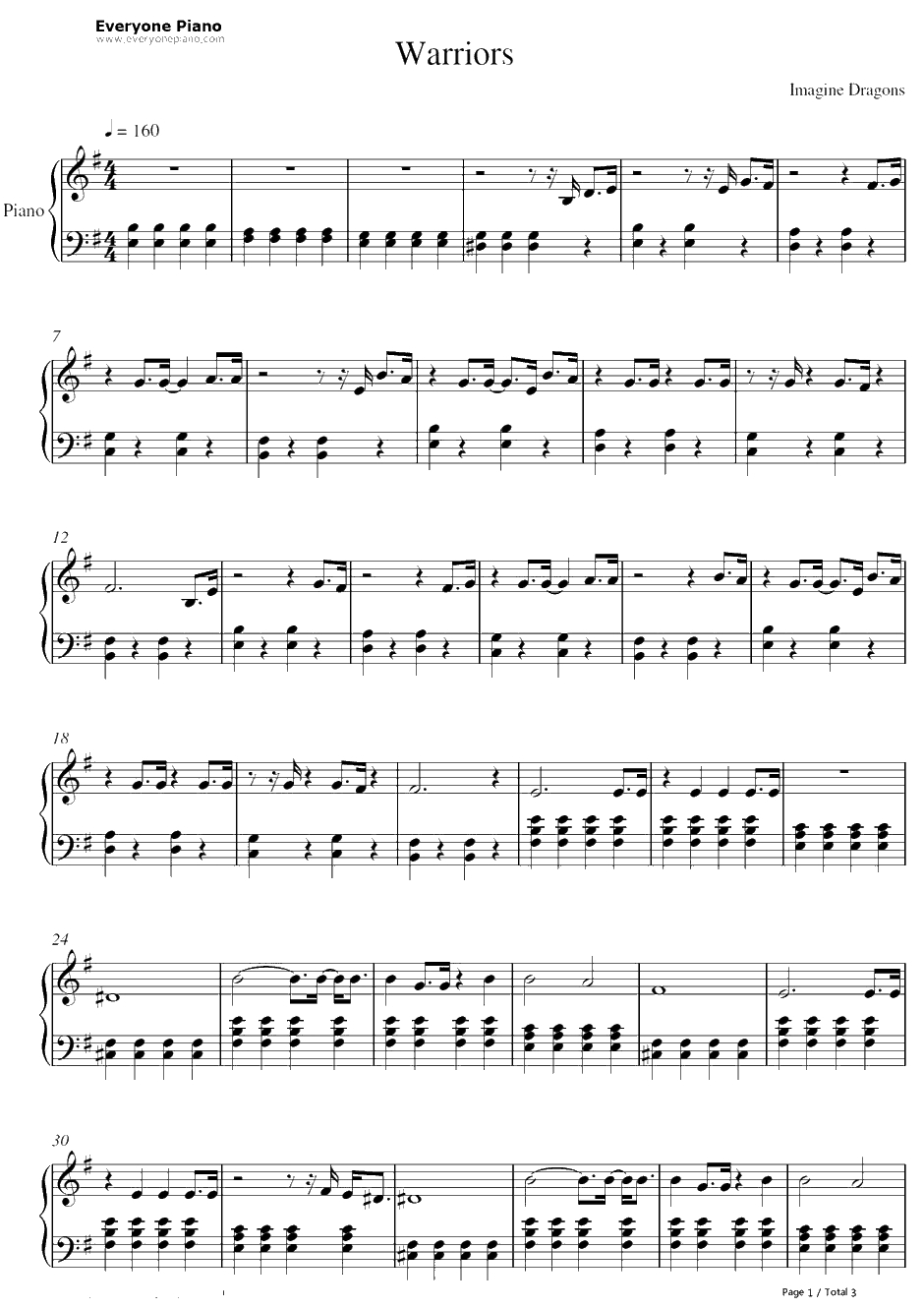 Warriors钢琴谱-ImagineDragons-英雄联盟2014全球总决赛主题曲1