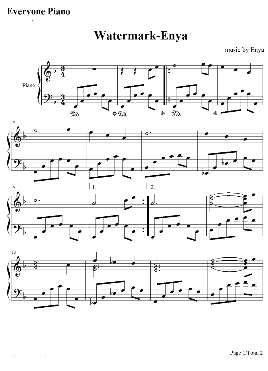 Wate rmark钢琴谱-Enya1