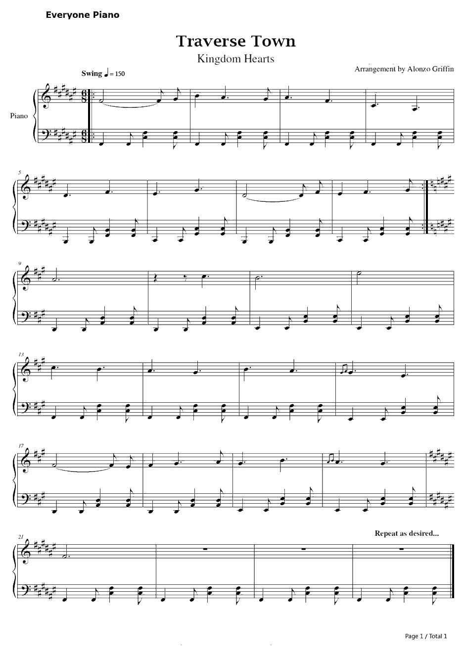 Traverse Town钢琴谱-下村阳子-王国之心IIOST1