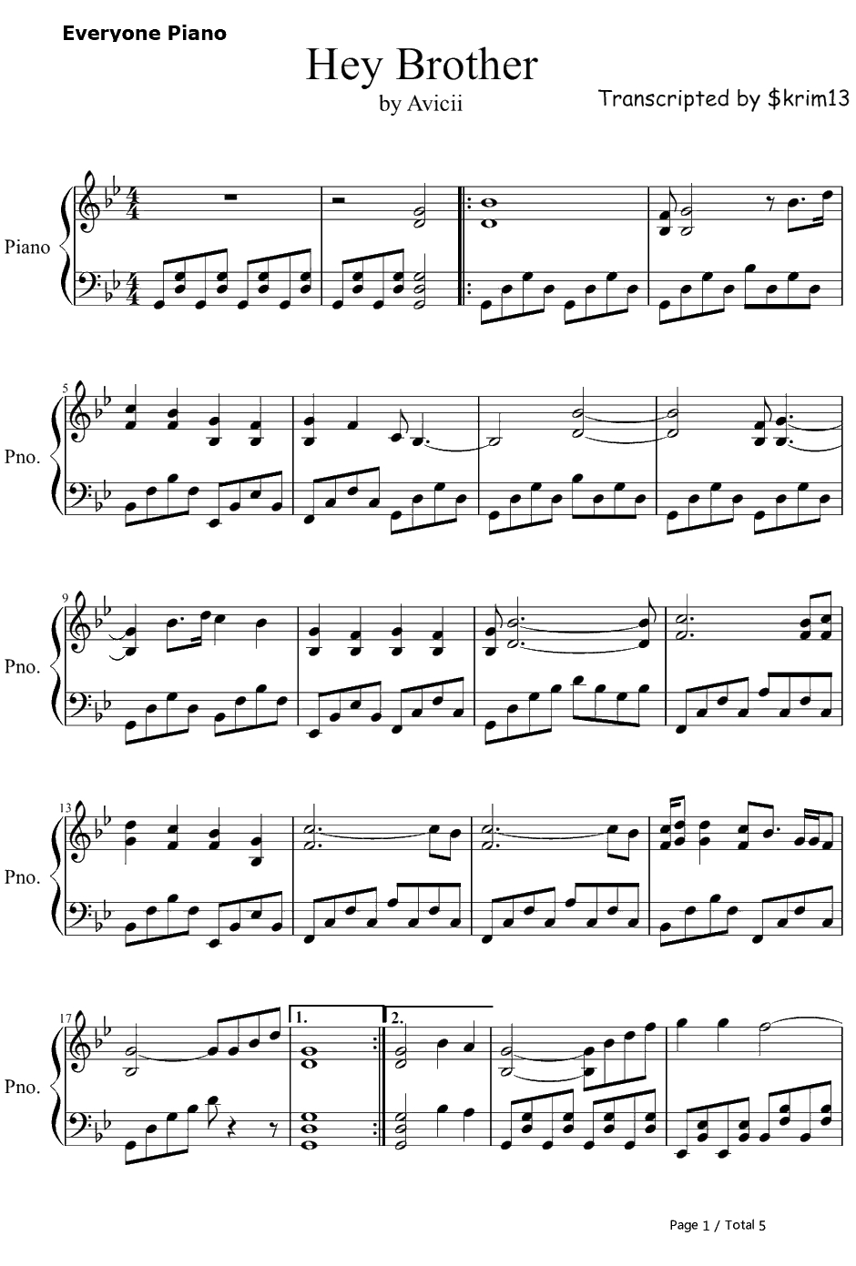 Hey Brother钢琴谱-Avicii1