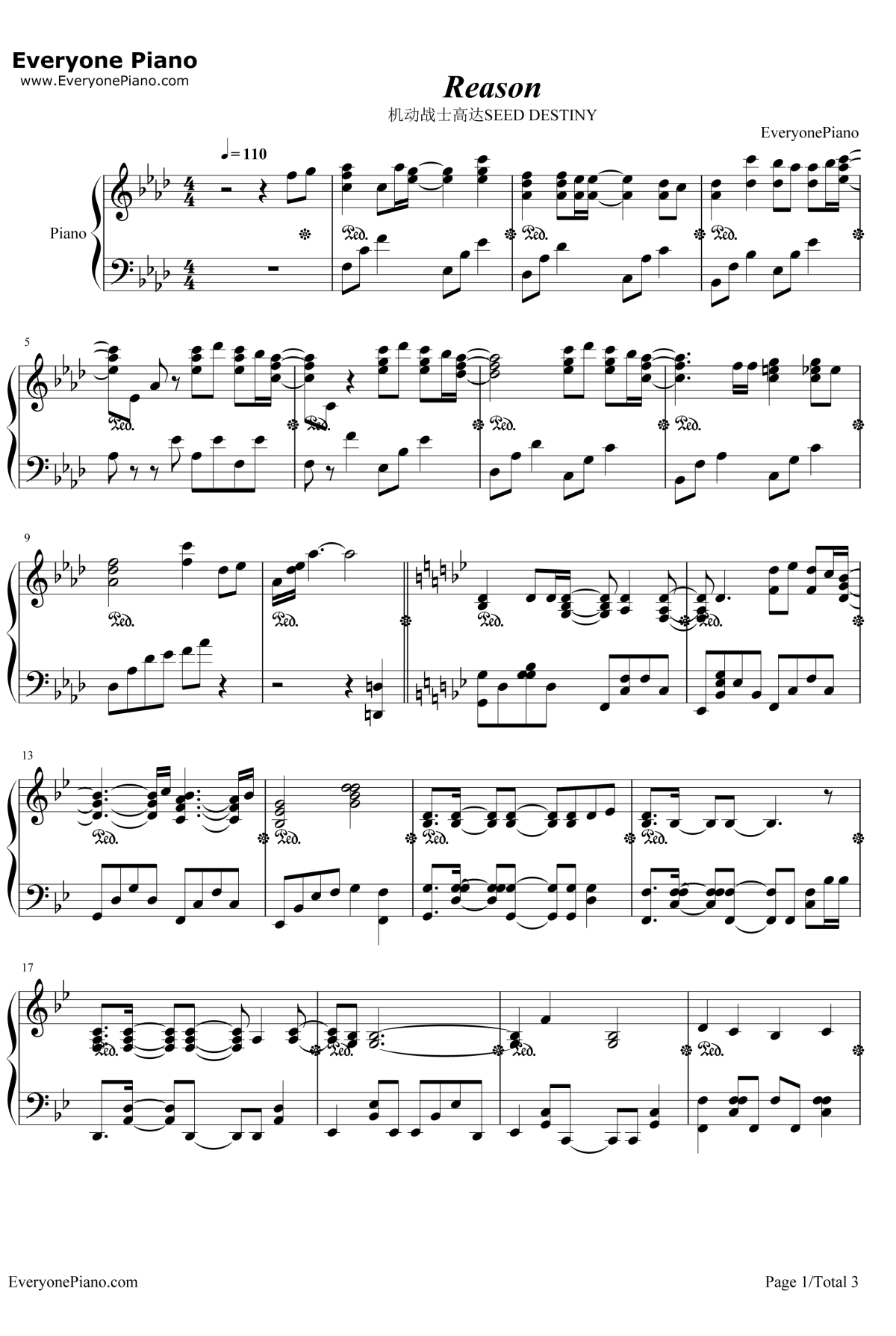 Reason钢琴谱-玉置成实-机动战士高达SEEDDESTINYED1