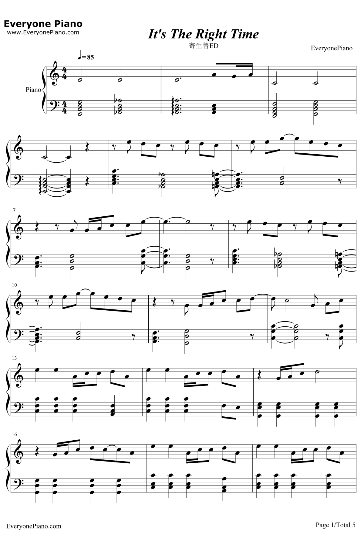 Its the Right Time钢琴谱-三浦大知-寄生兽ED1