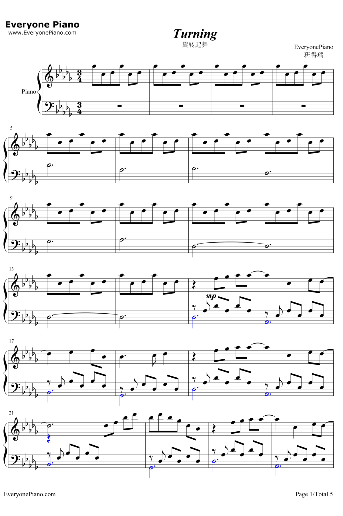 Turning钢琴谱 -班得瑞1