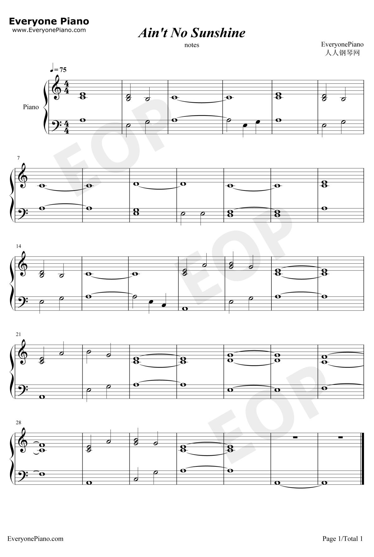 AintNoSunshine钢琴谱-BillWithers-伴奏谱1