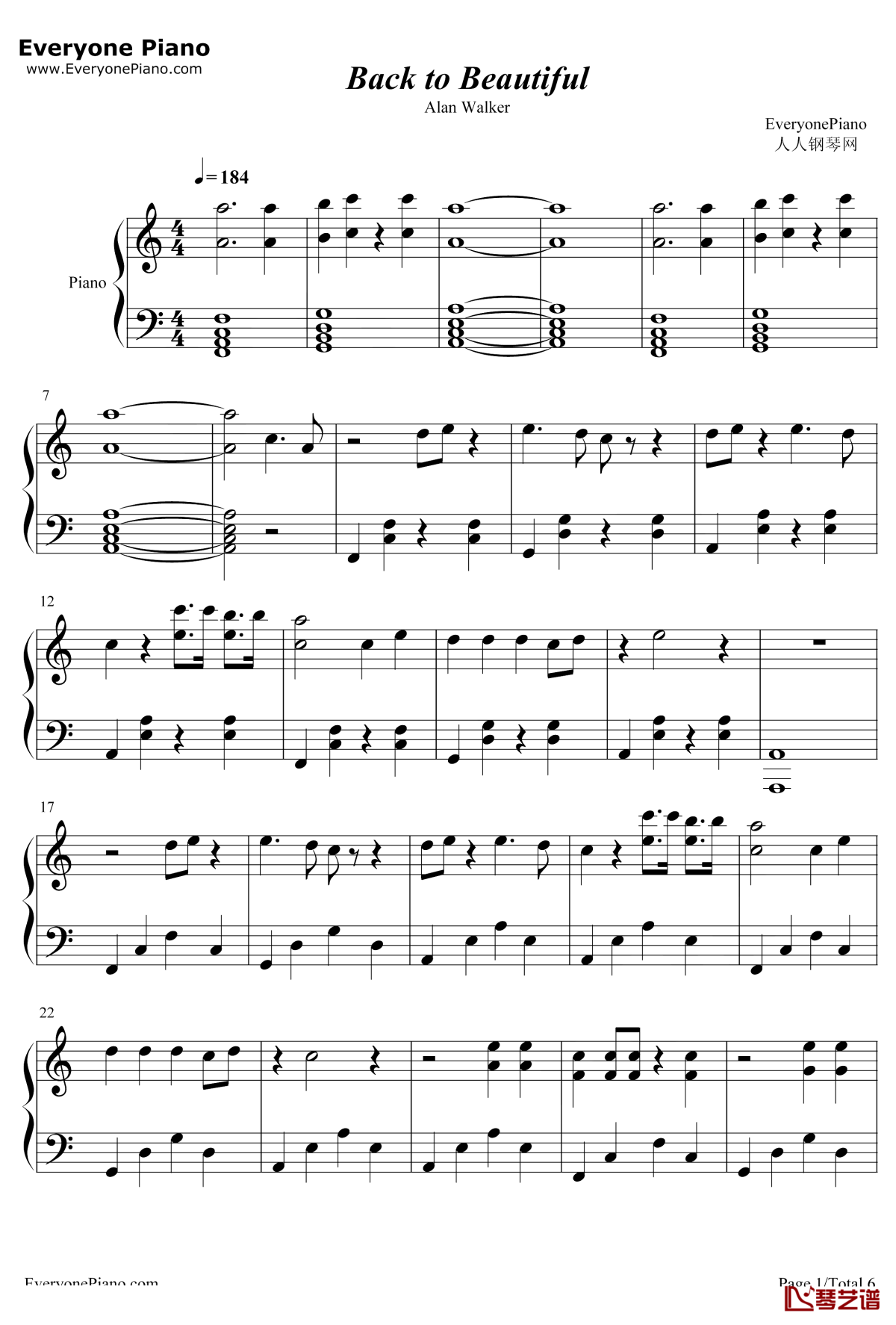 Back to Beautiful钢琴谱-SofiaCarsonAlanWalker1