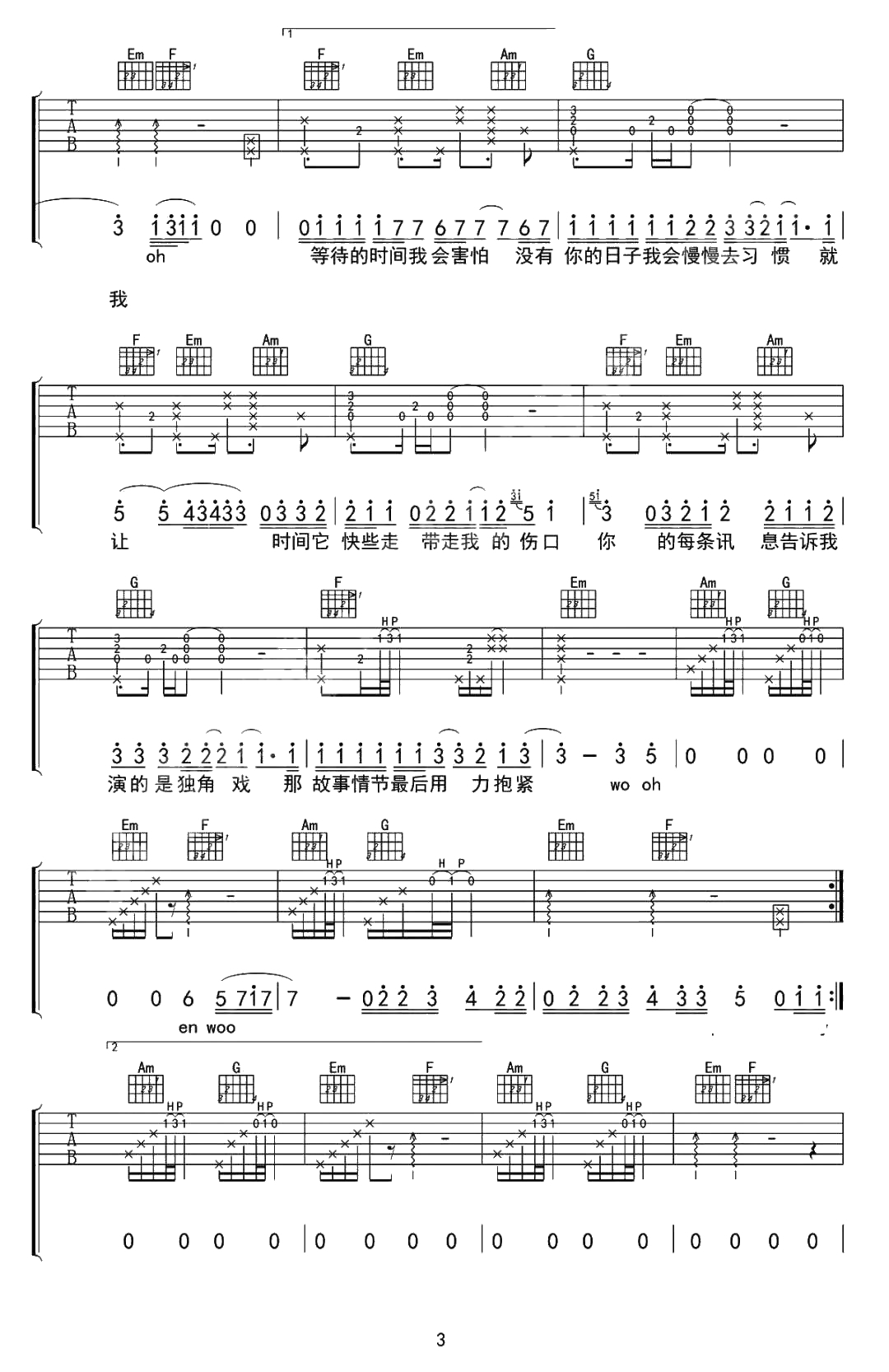 张艺兴《独角戏》吉他谱-C调1