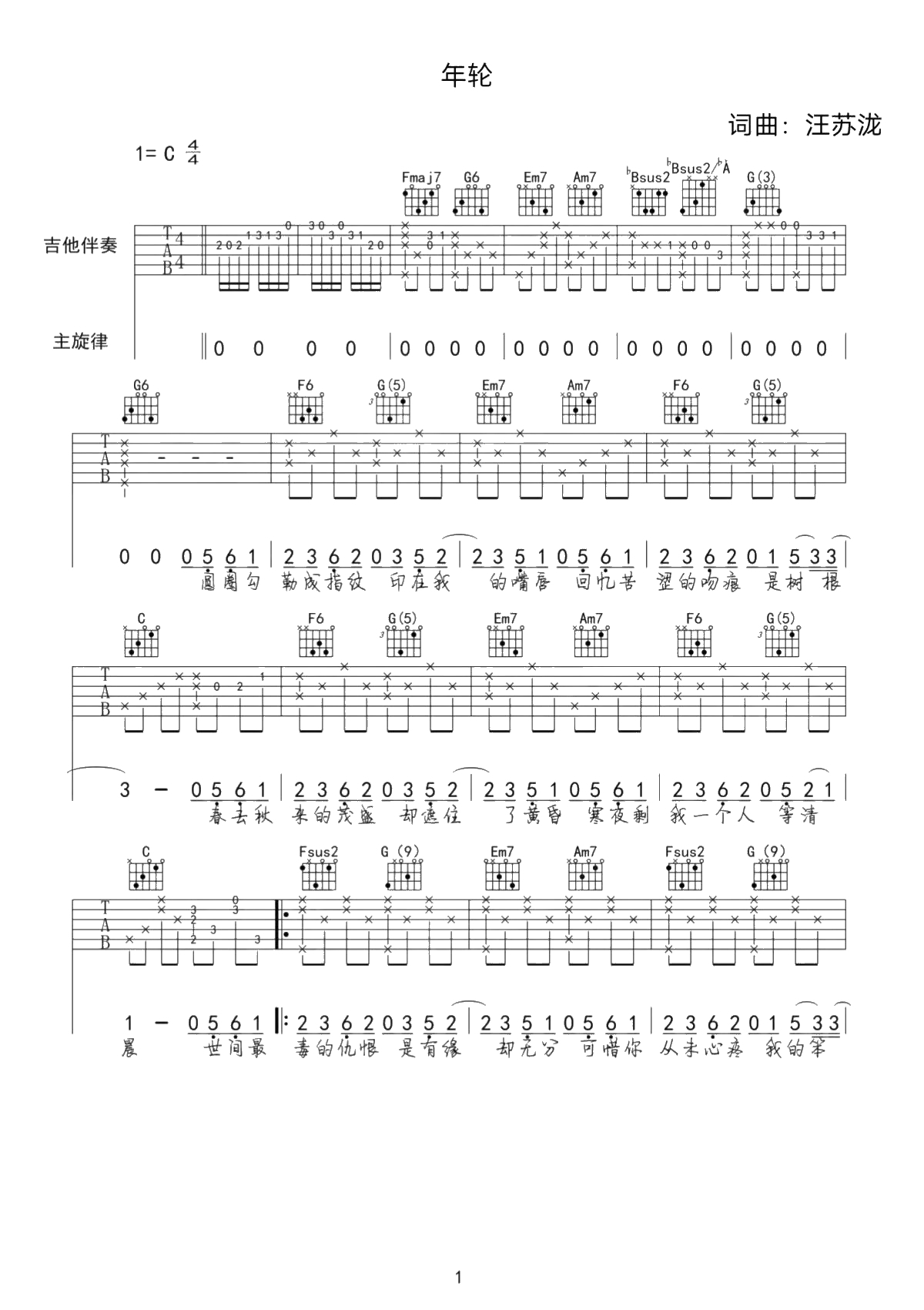 张碧晨《年轮》吉他谱-C调1