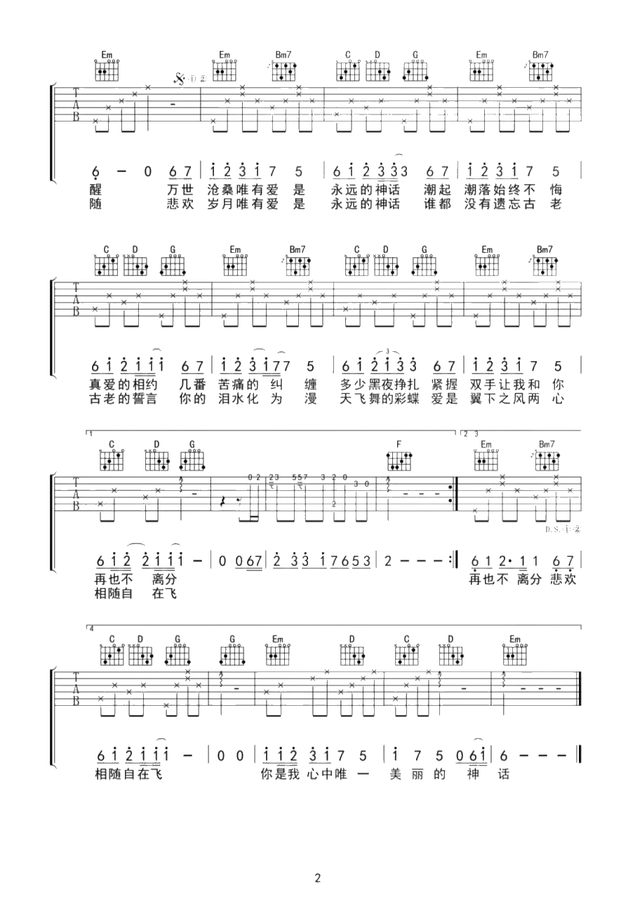 孙楠、韩红《美丽的神话》吉他谱-G调2