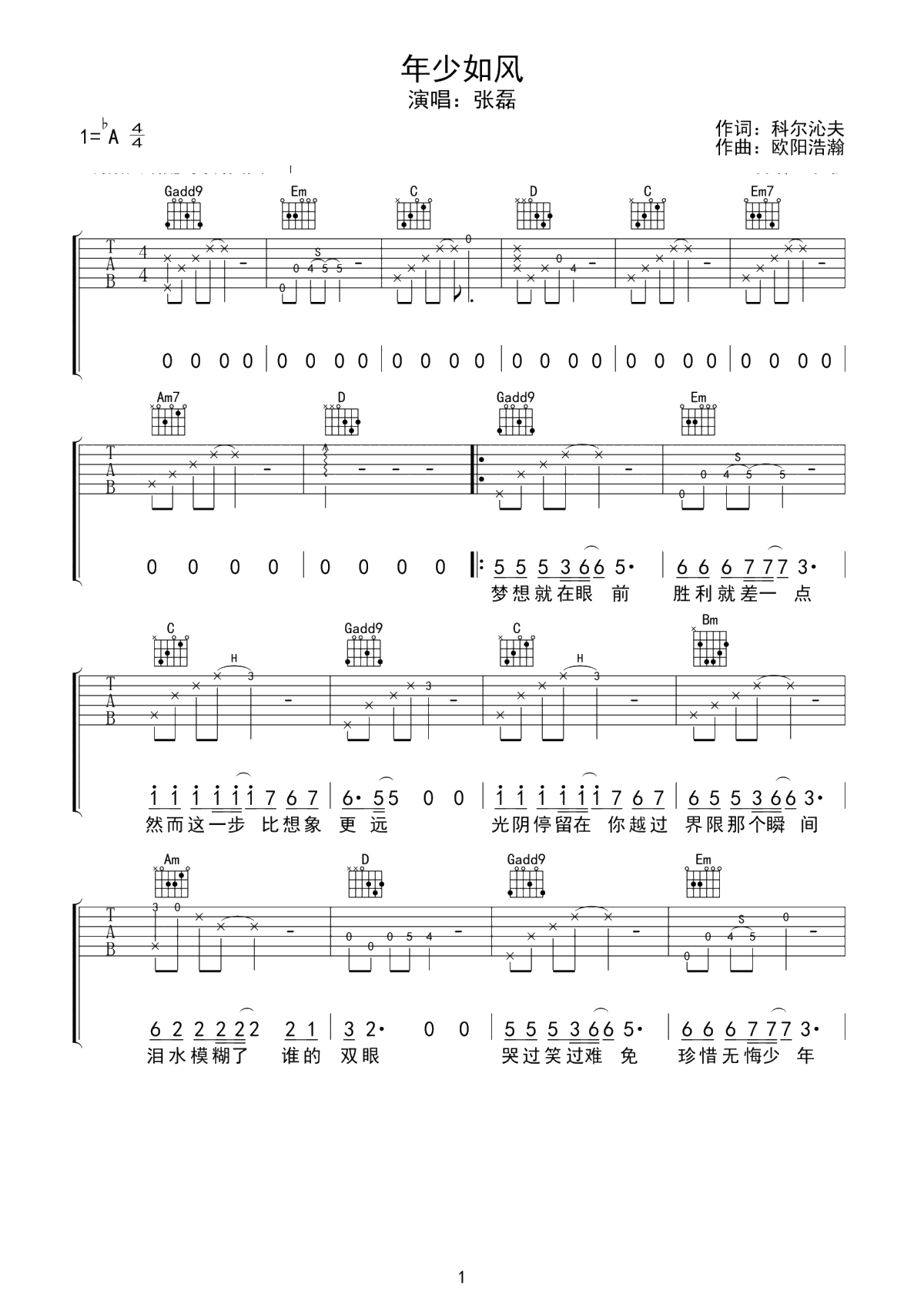 张磊《年少如风》吉他谱-G调1