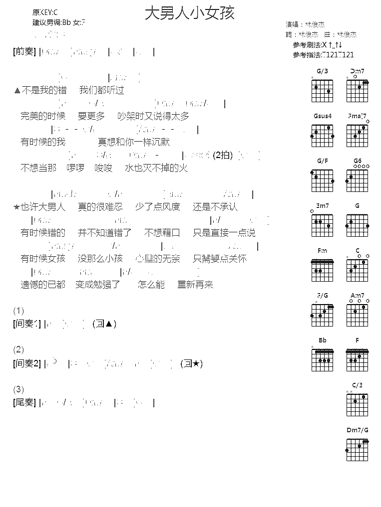 大男人小女孩吉他谱-C调和弦谱-林俊杰1