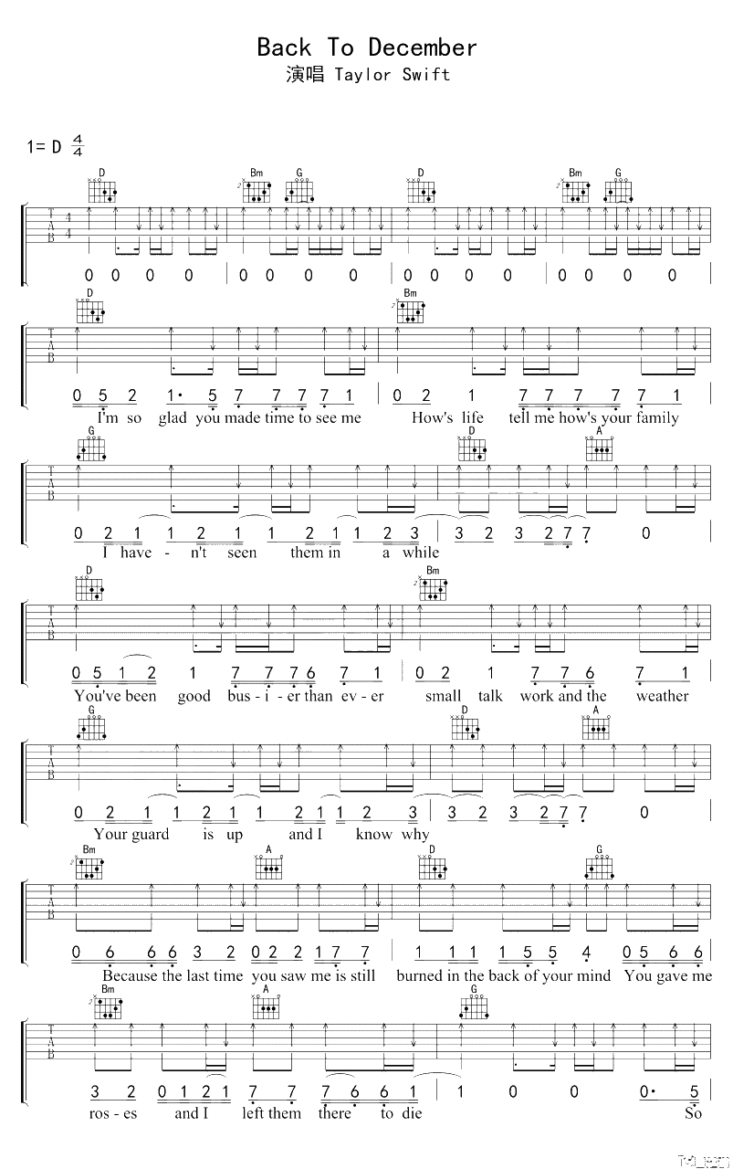 Back To December吉他谱-D调-Taylor Swift1