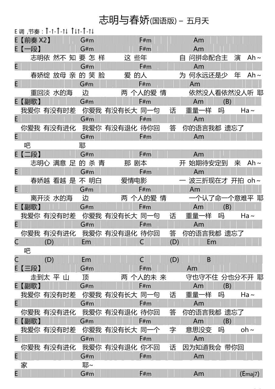 志明与春娇吉他谱-E调扫弦版-附带扫弦节奏-五月天1