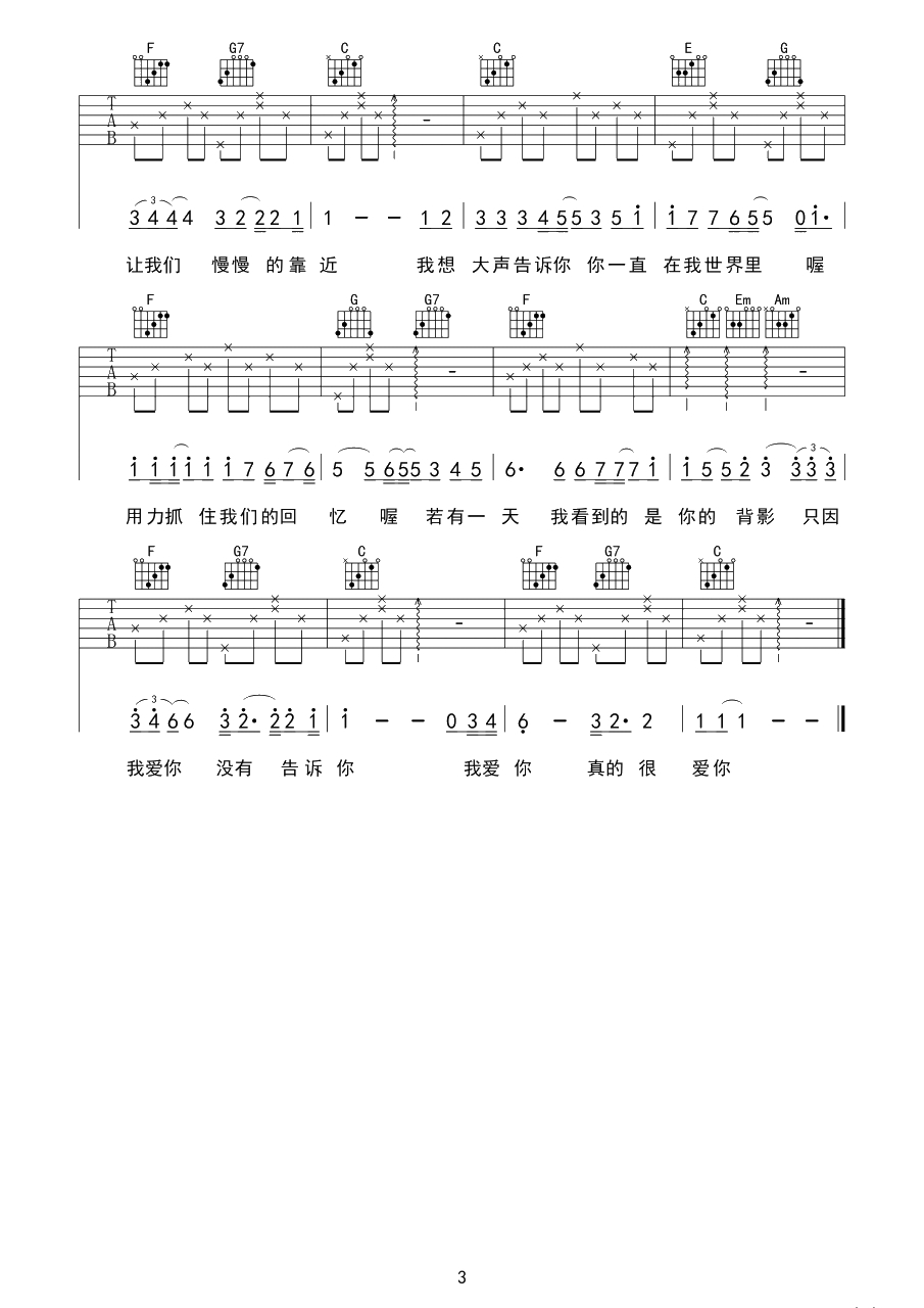 我想大声告诉你吉他谱-C调-樊凡-《蜗居》主题曲3