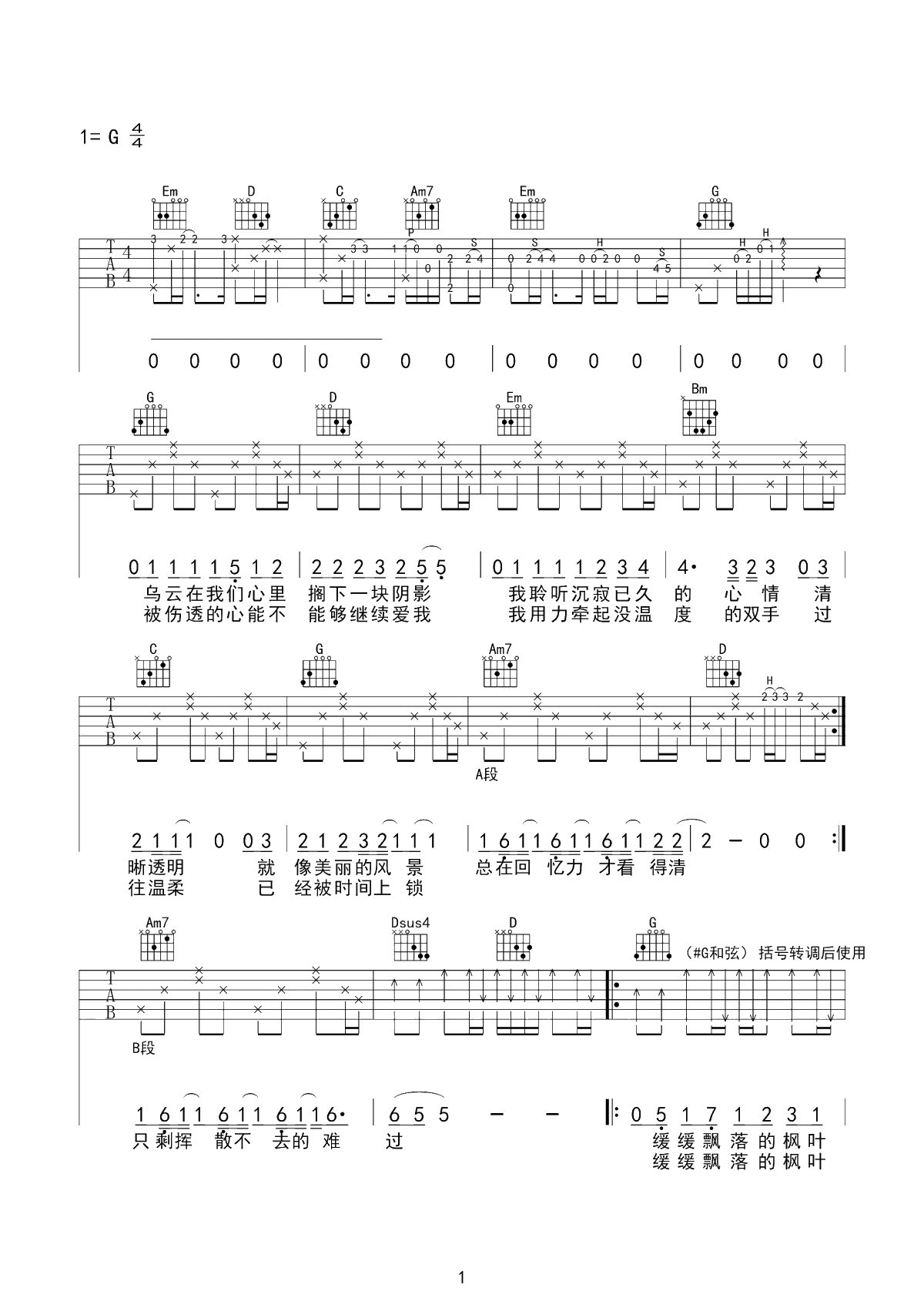 枫吉他谱-周杰伦-G调弹唱六线谱-雪花已铺满了地，深怕窗外枫叶已结成冰。1