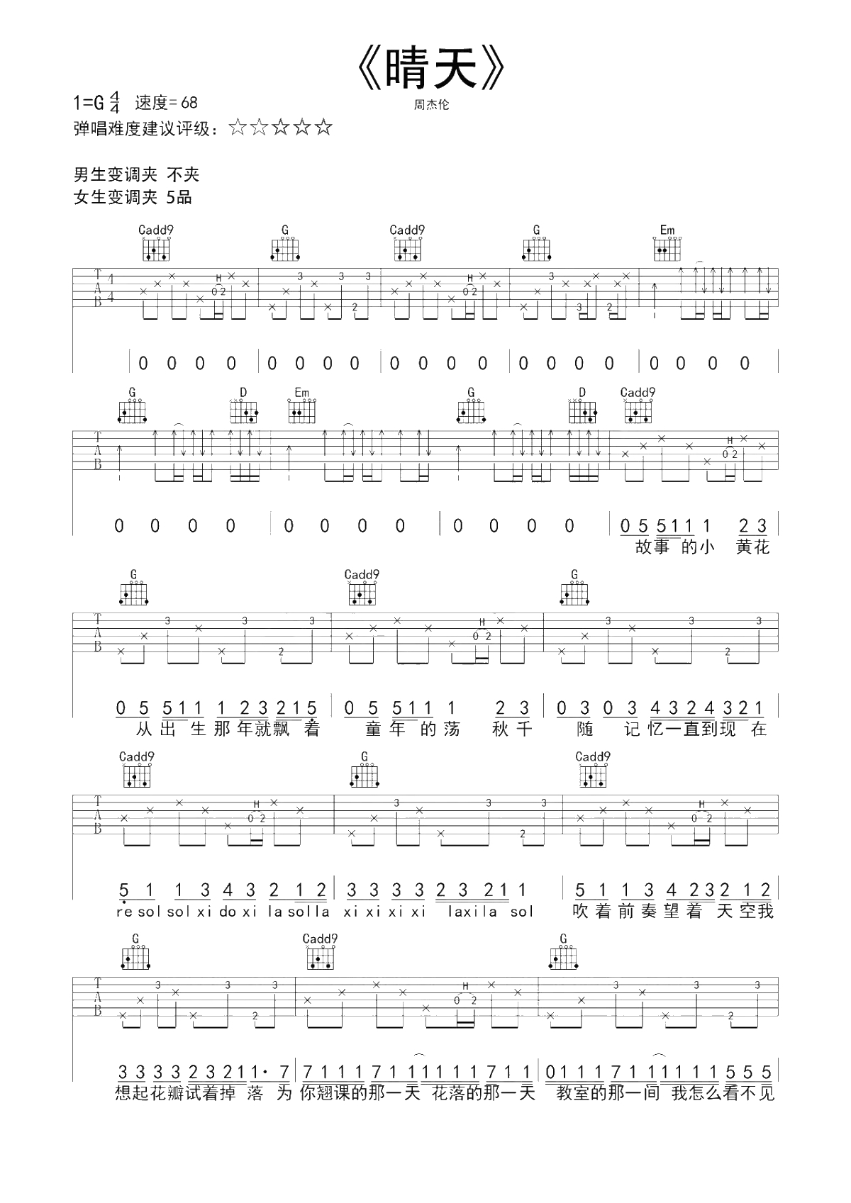 晴天吉他谱-周杰伦-前奏一出就抓起回忆1