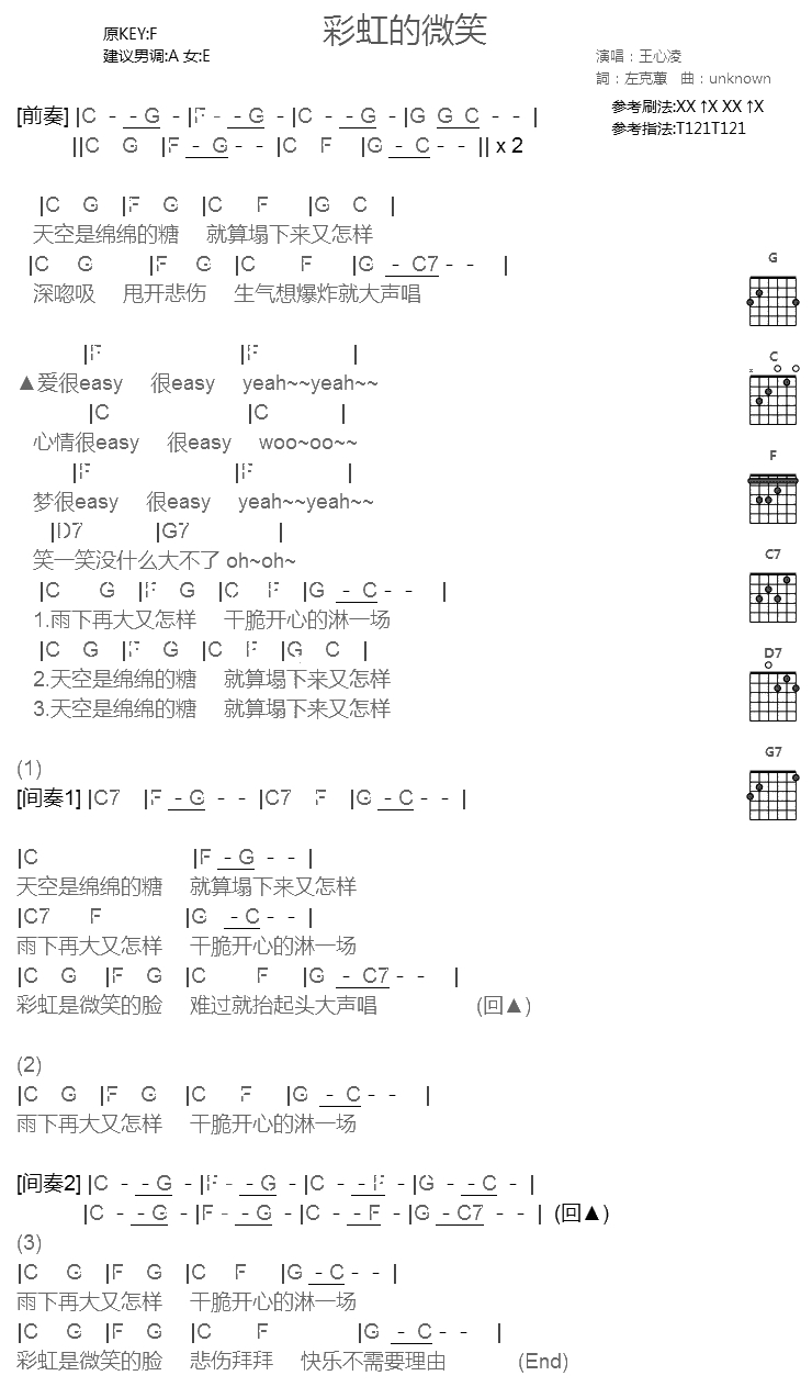 彩虹的微笑吉他谱 王心凌 简易版1