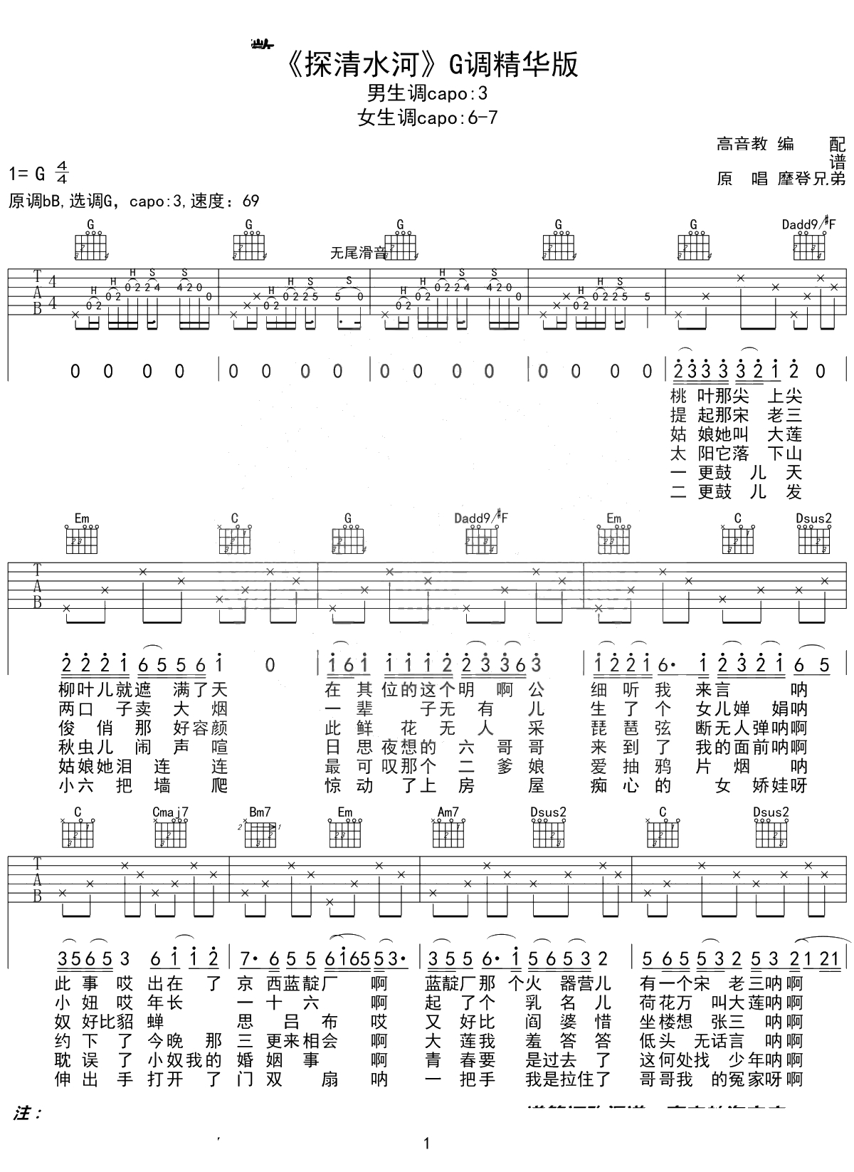 探清水河吉他谱 张云雷 G调弹唱谱1