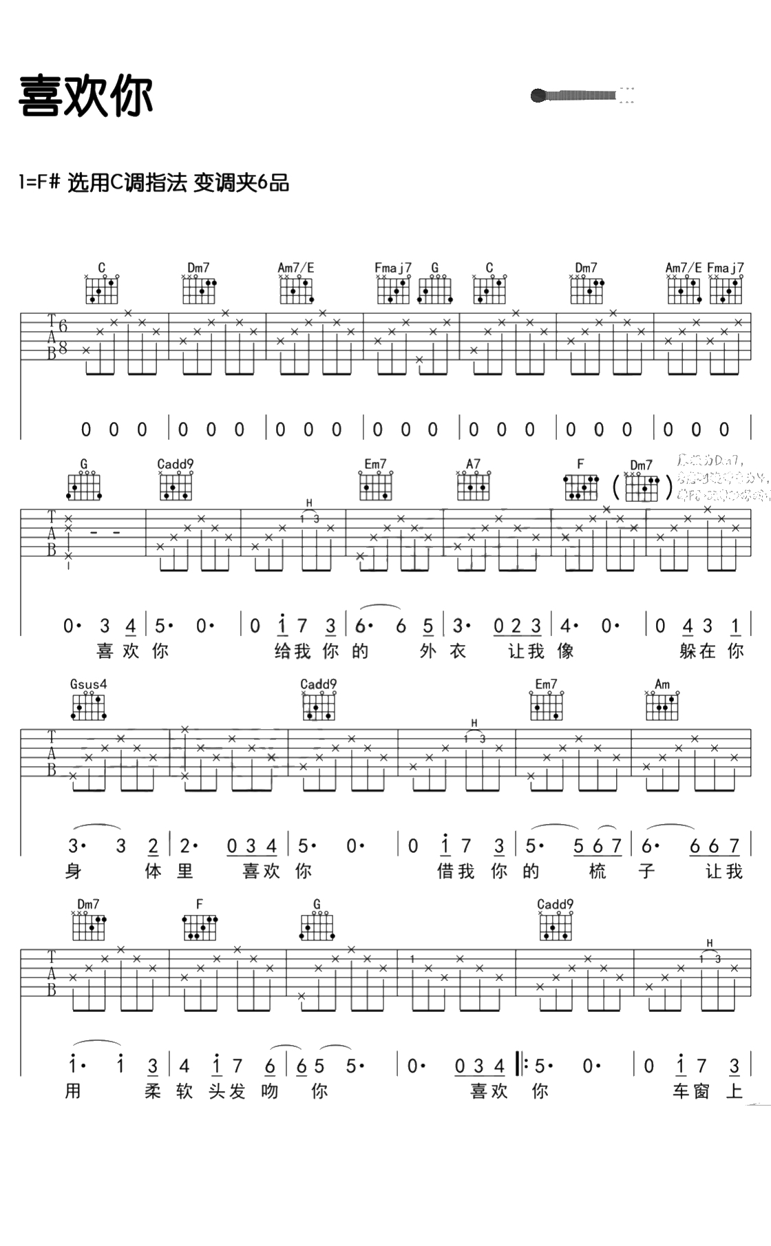 喜欢你吉他谱 陈洁仪 C调指法 弹唱+1
