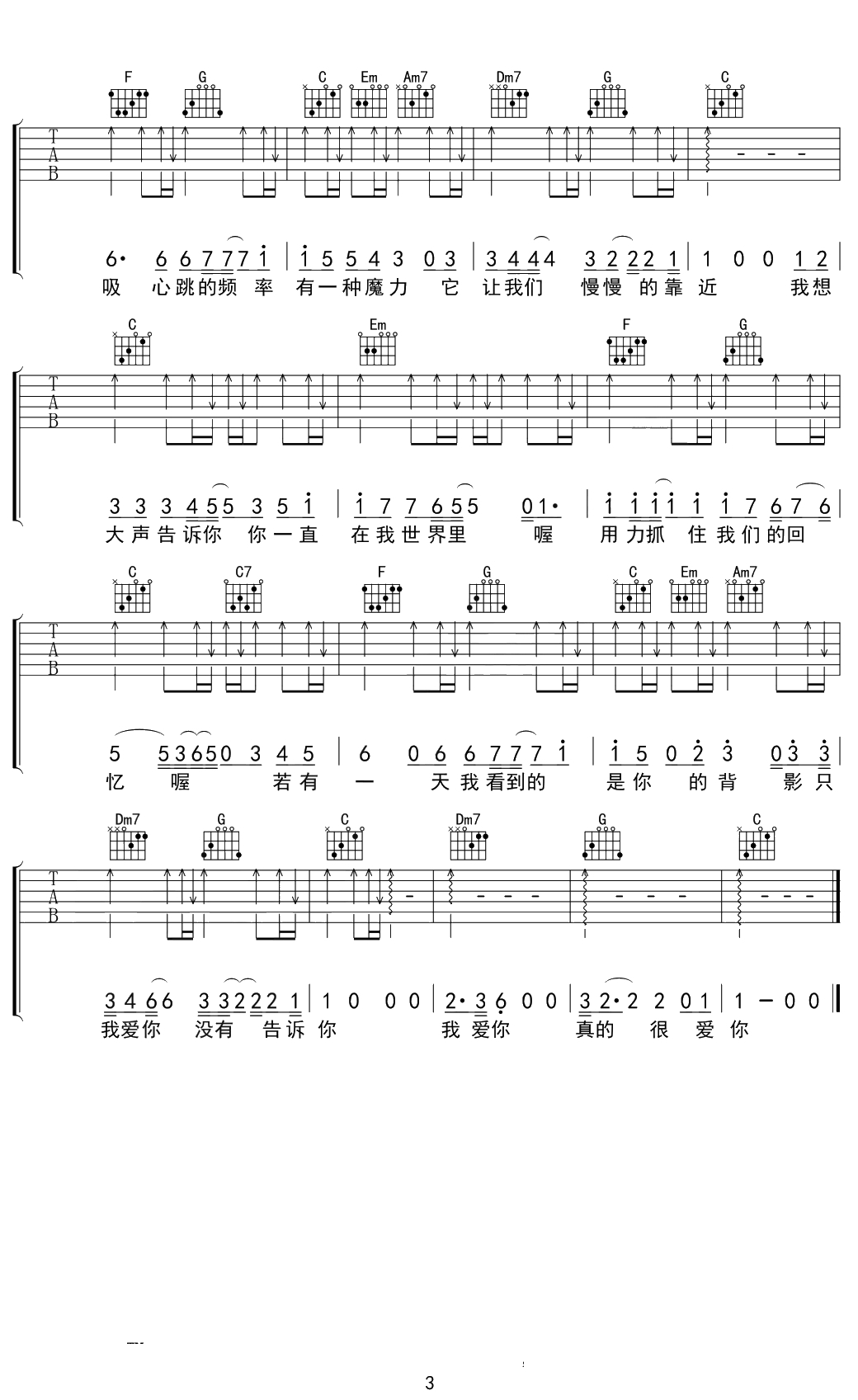 我想大声告诉你吉他谱 樊凡 C调弹唱谱 3