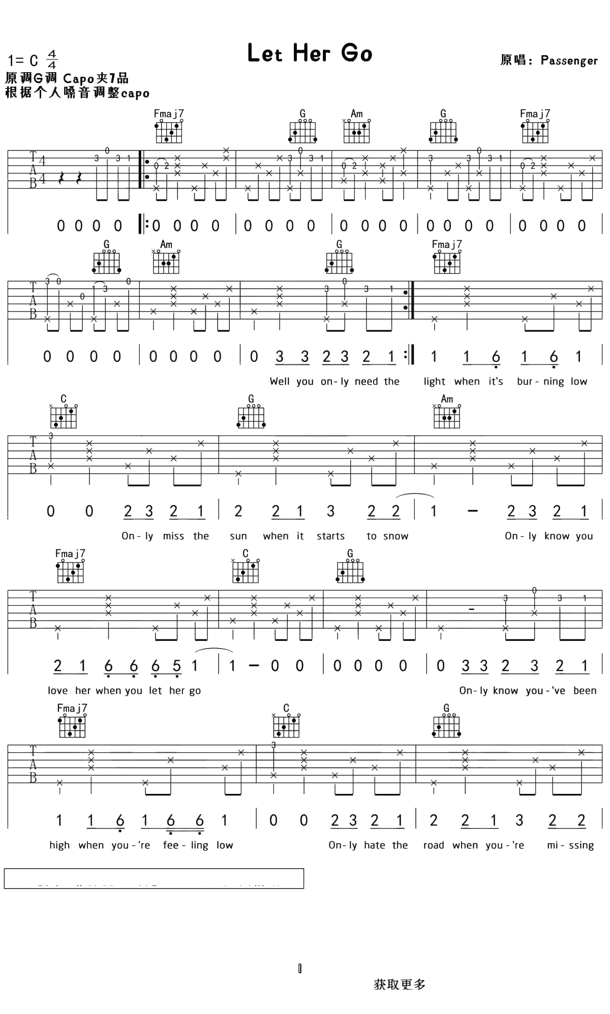Let Her Go吉他谱 Passenge C调原版 弹唱六线谱1