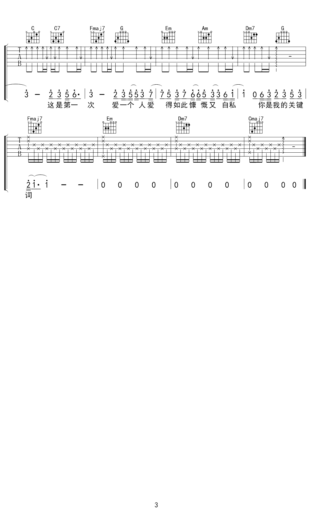 关键词吉他谱 林俊杰 C调 3