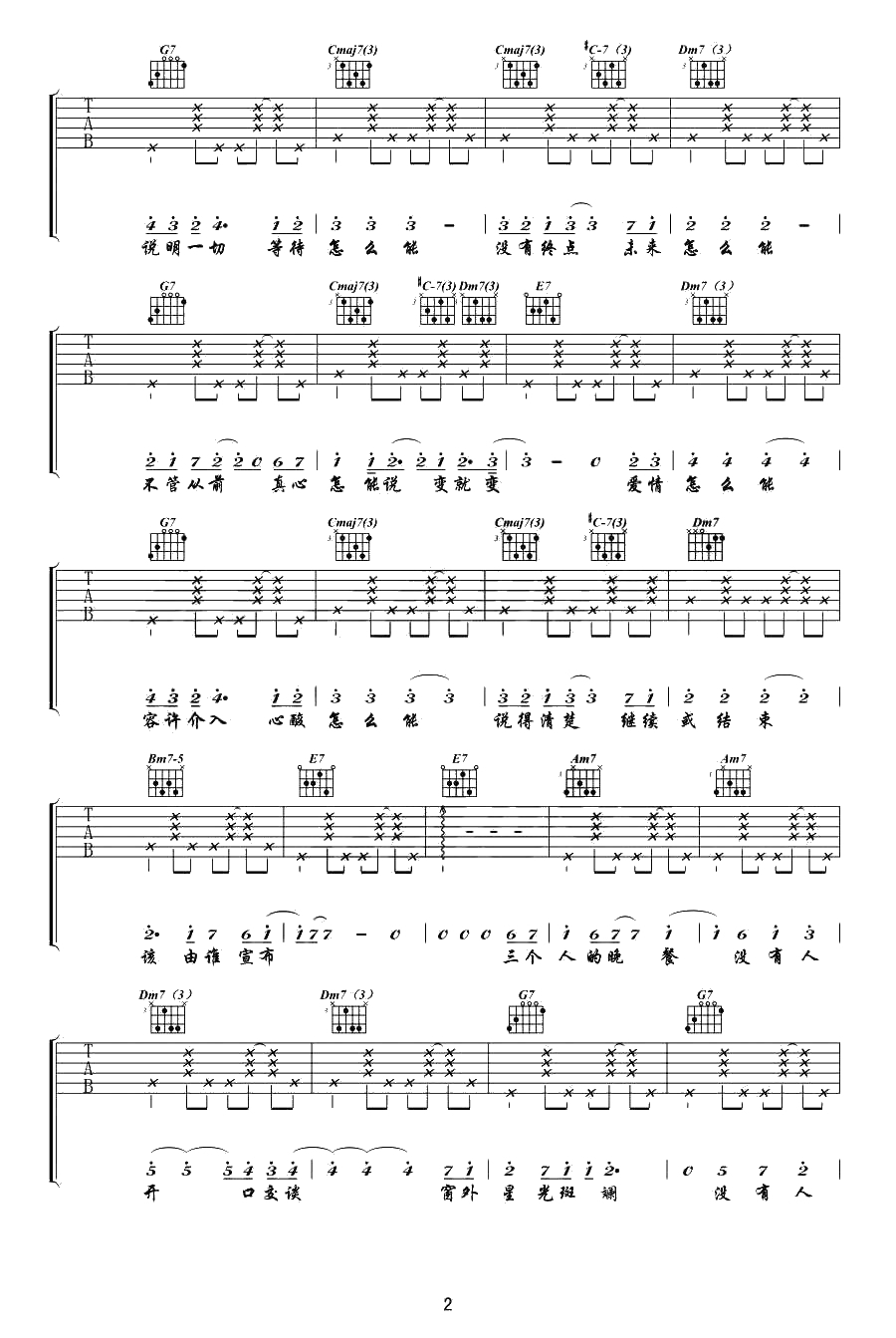 三个人的晚餐吉他谱-C调女生版-王若琳(黄韵玲)-六线谱完整版2