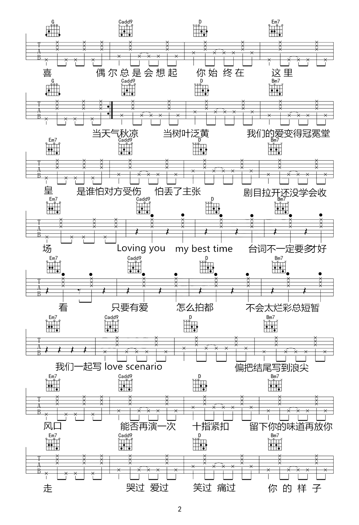 Love Scenario吉他谱 中文版 iKON C调 弹唱六线谱2