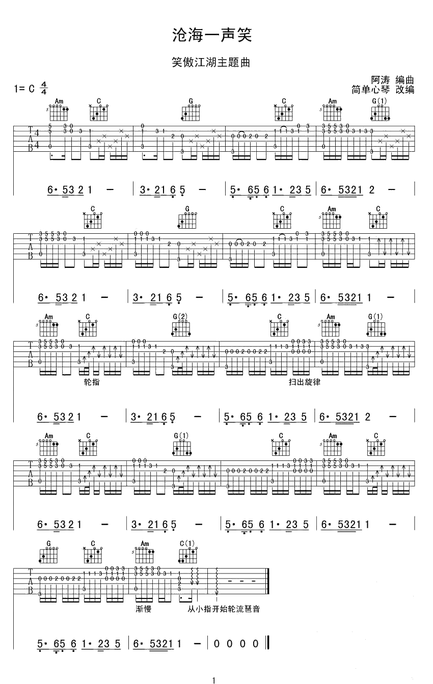 沧海一声笑指弹吉他谱-《笑傲江湖》主题曲-1