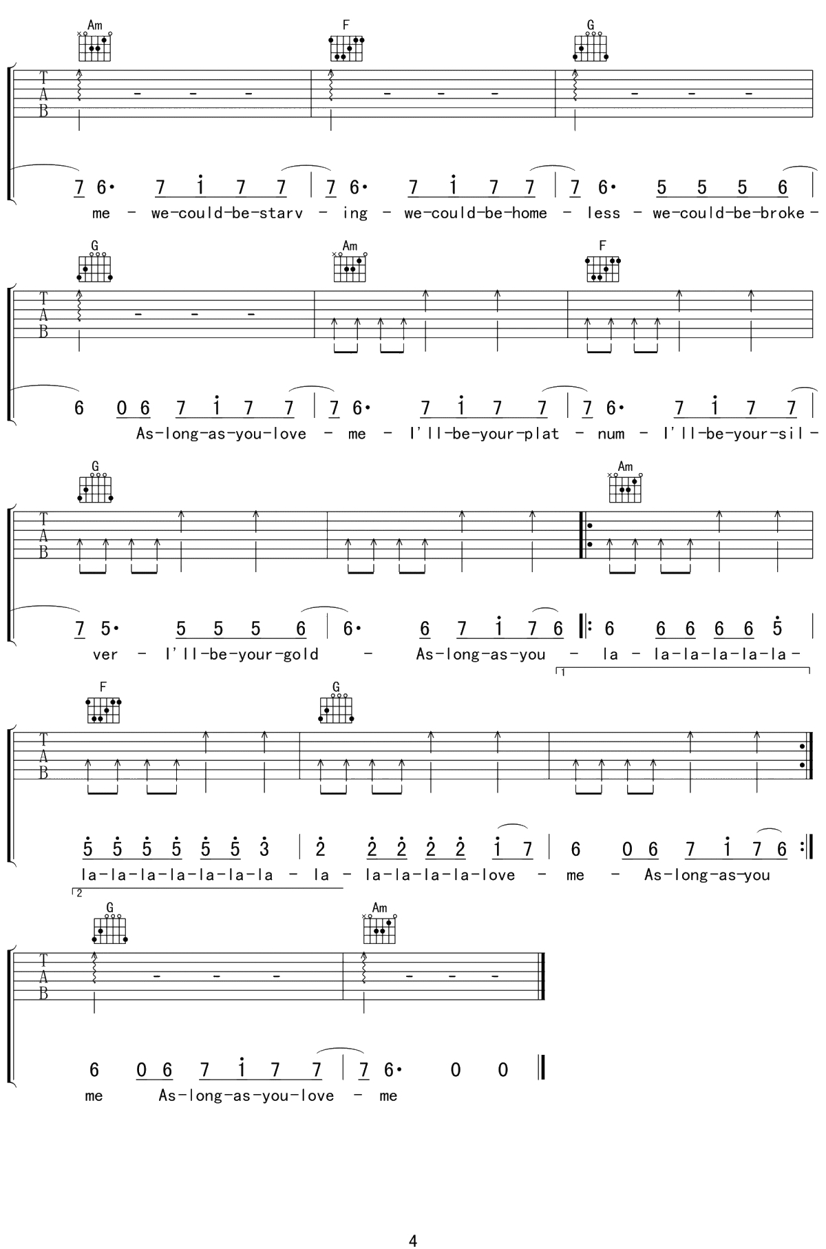 As Long As You Love Me吉他谱 C调弹唱版 justin bieber4
