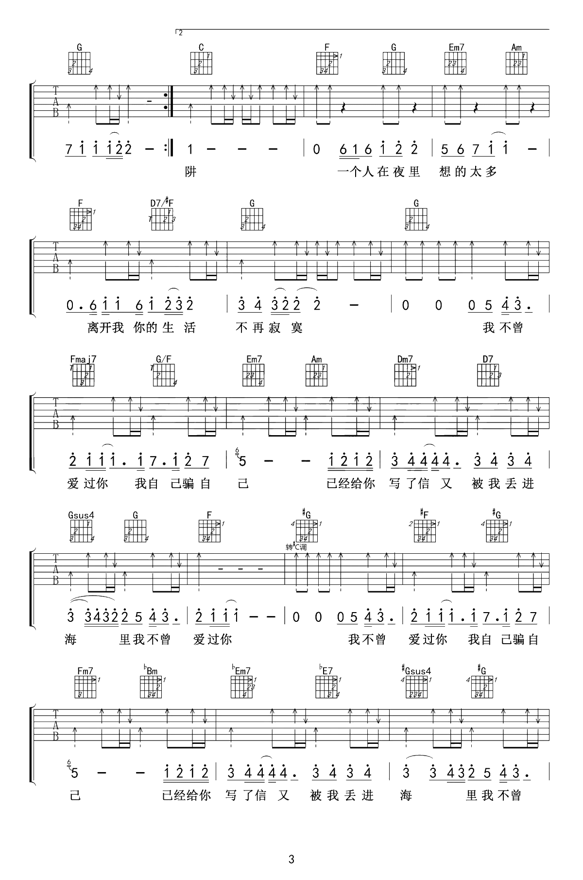 陷阱吉他谱-王北车-C调指法-吉他弹唱3