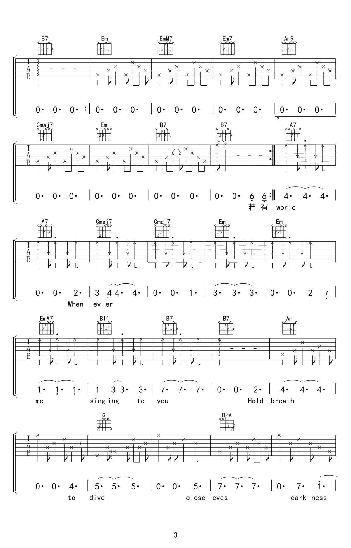 冥光吉他谱 G调指法 弹唱六线谱 王佳妮3