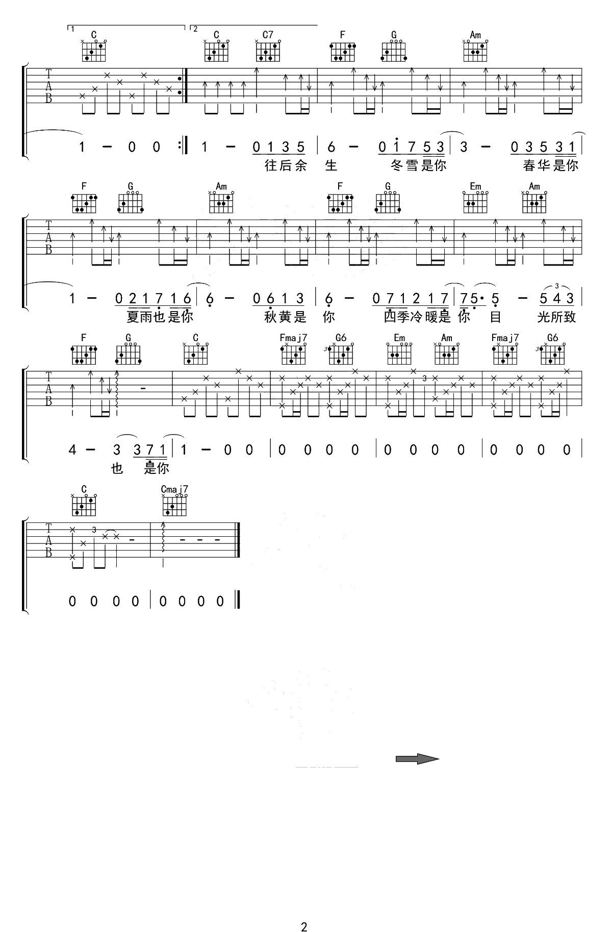 往后余生吉他谱-马良-C调指法-吉他弹唱+非洲鼓2