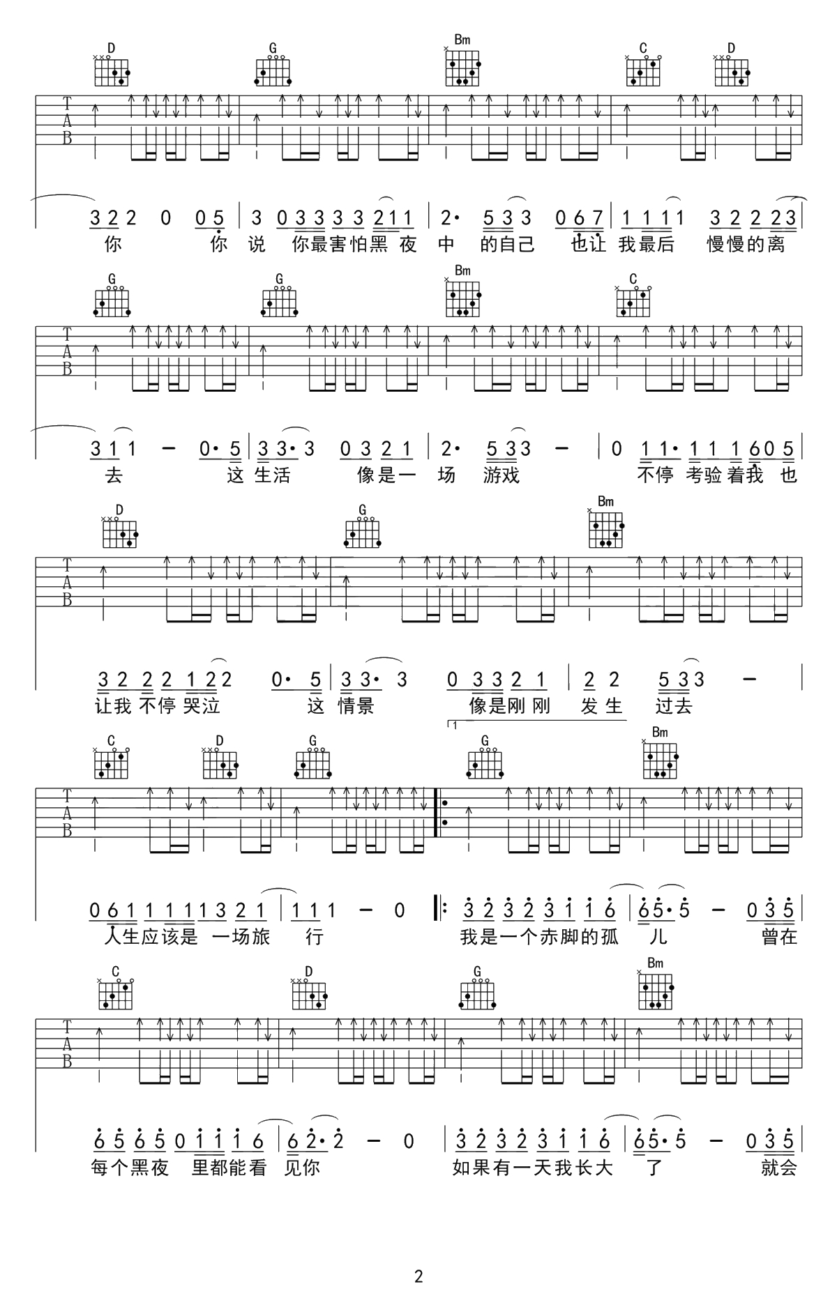 赤脚的孤儿吉他谱 G调指法弹唱谱 马融2