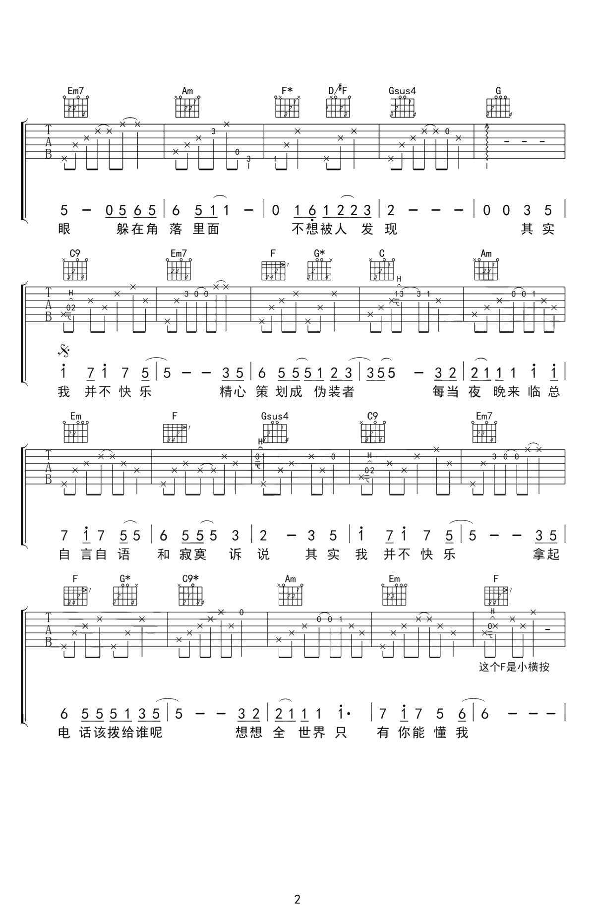 其实我并不快乐吉他谱 C调原版 李安 高清弹唱谱2
