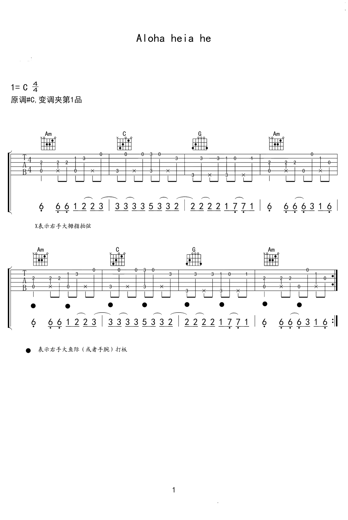 Aloha Heja He吉他指弹谱-抖音歌曲-吉他独奏谱-1