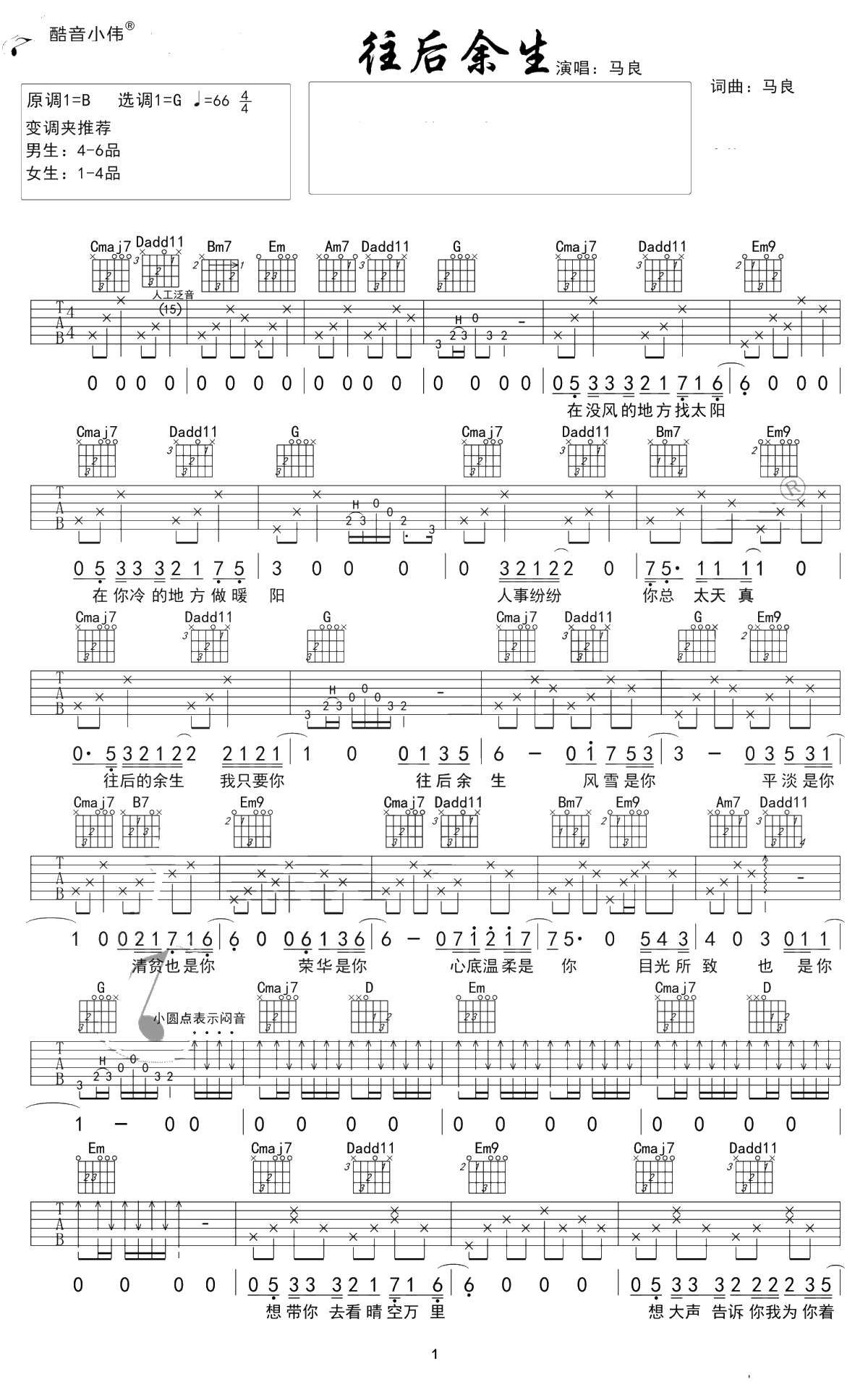 往后余生吉他谱-王二浪版本-C调简单版+G调原版-吉他1
