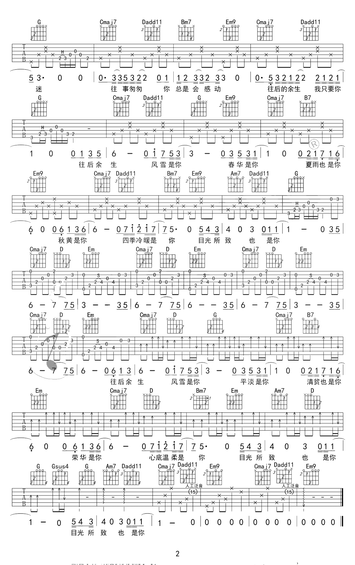 往后余生吉他谱-王二浪版本-C调简单版+G调原版-吉他2