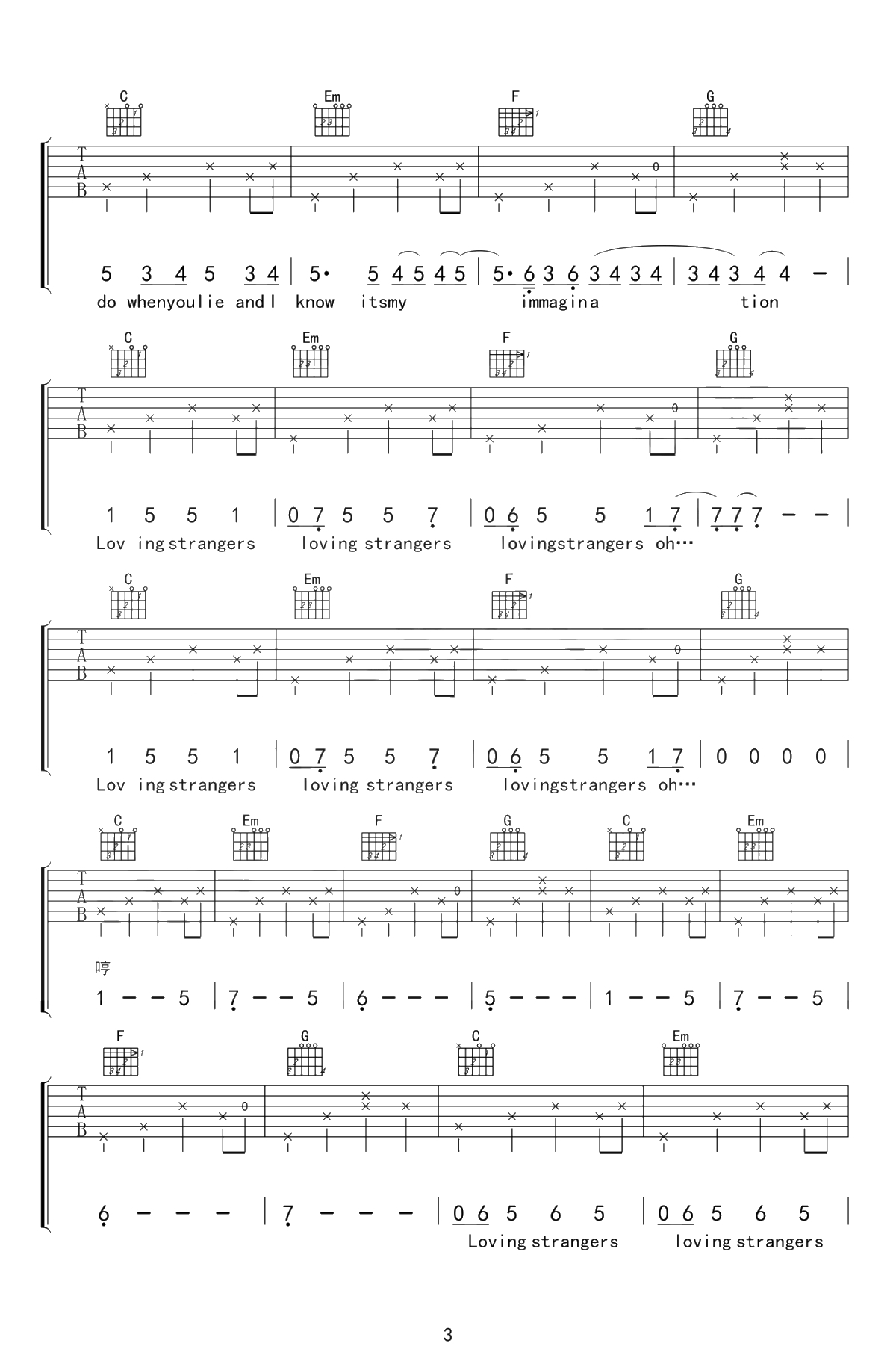 Loving Strangers吉他谱 C调弹唱谱 谭秋娟3