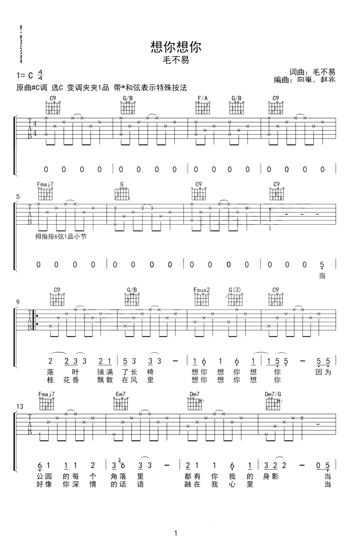想你想你吉他谱-毛不易-C调原版-高清1