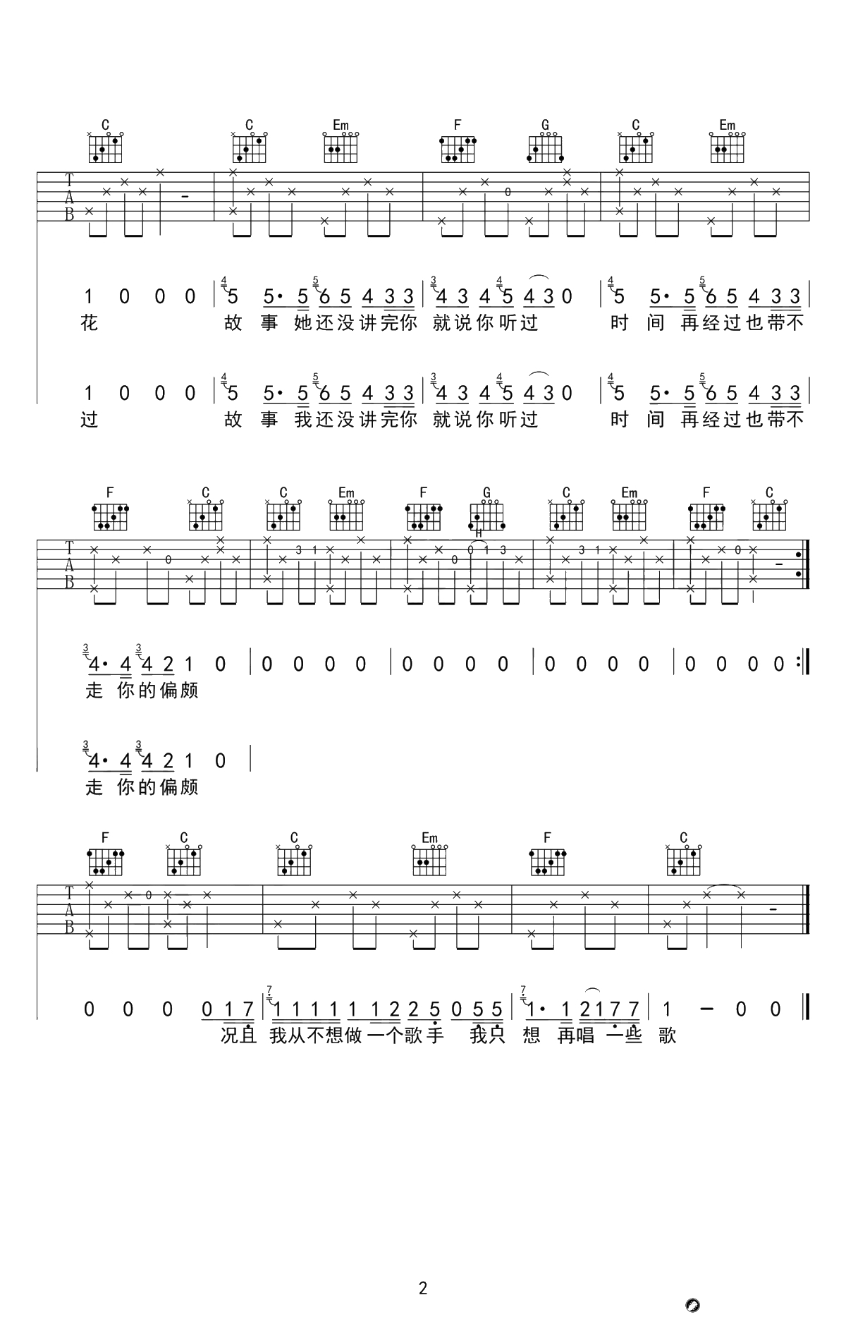 碌碌吉他谱-花粥-C调简单版-高清弹唱谱2
