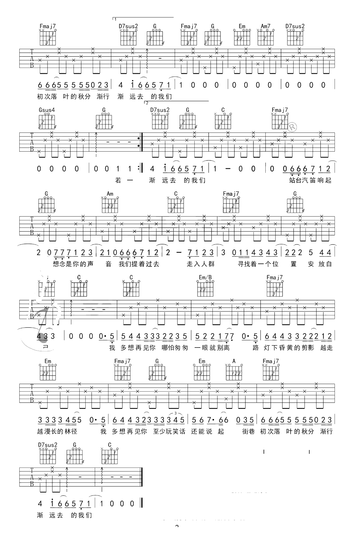 云烟成雨吉他谱-房东的猫-C调简单版+中级版-吉他4