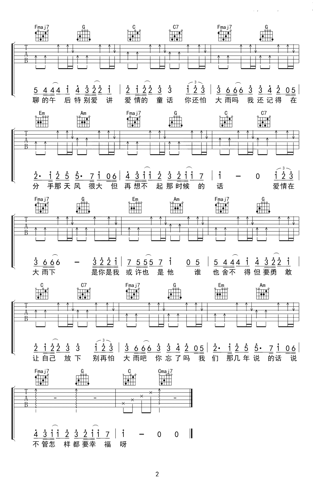 你还怕大雨吗吉他谱-C调简单版-抖音歌曲-弹唱谱2