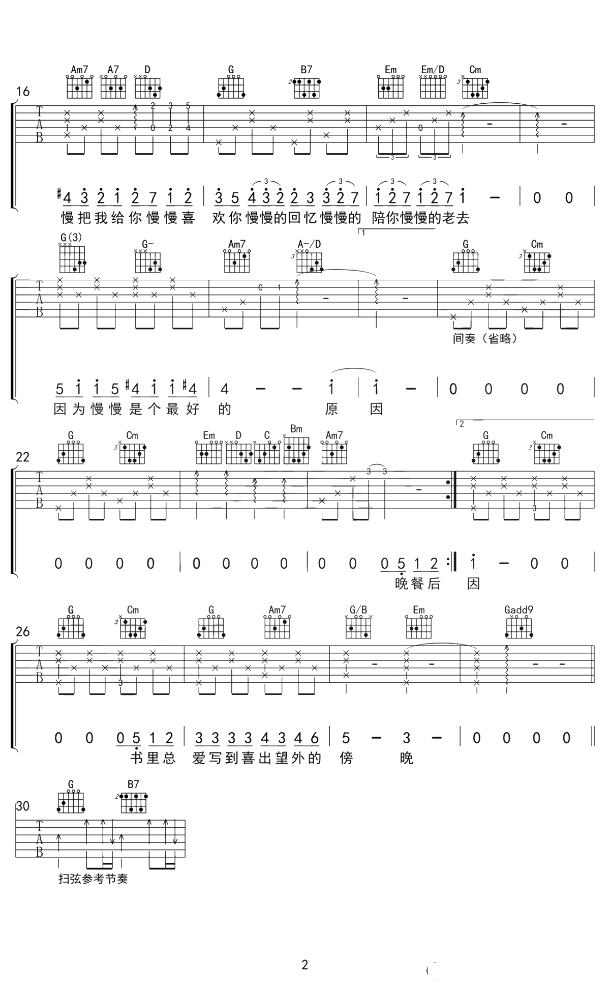 慢慢喜欢你吉他谱-G调六线谱-莫文蔚-高清弹唱谱2