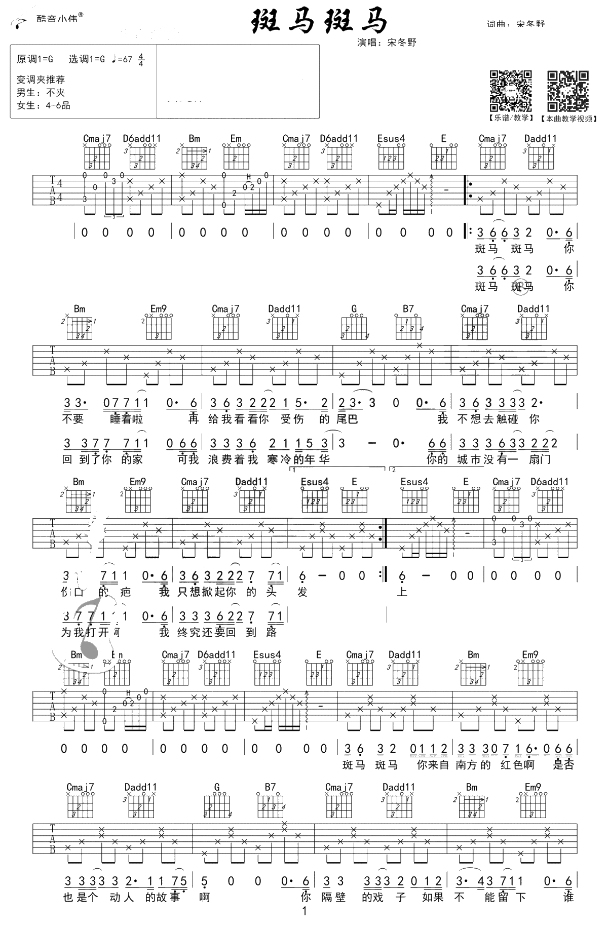 斑马斑马吉他谱-G调指法-宋冬野-吉他弹唱1